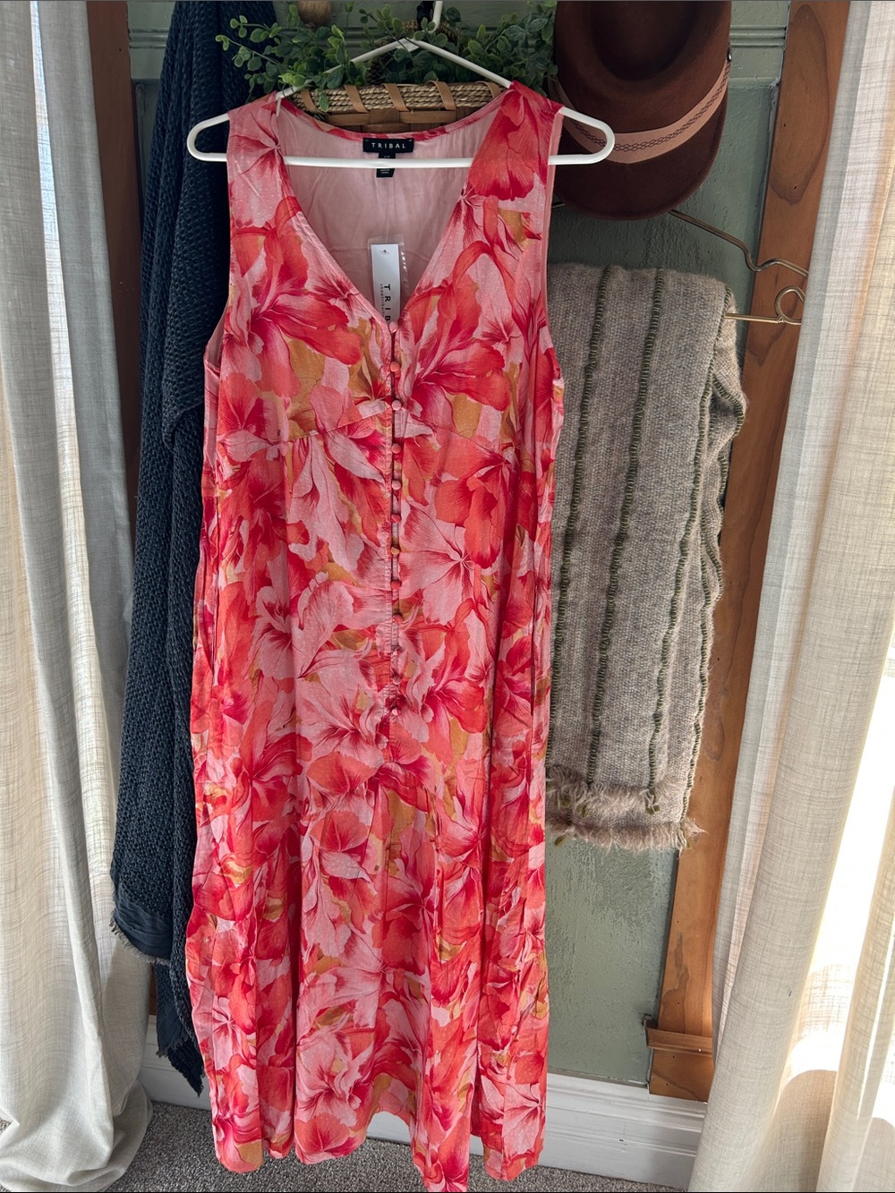 Tribal Coral Pink Floral Button-Front Maxi Dress